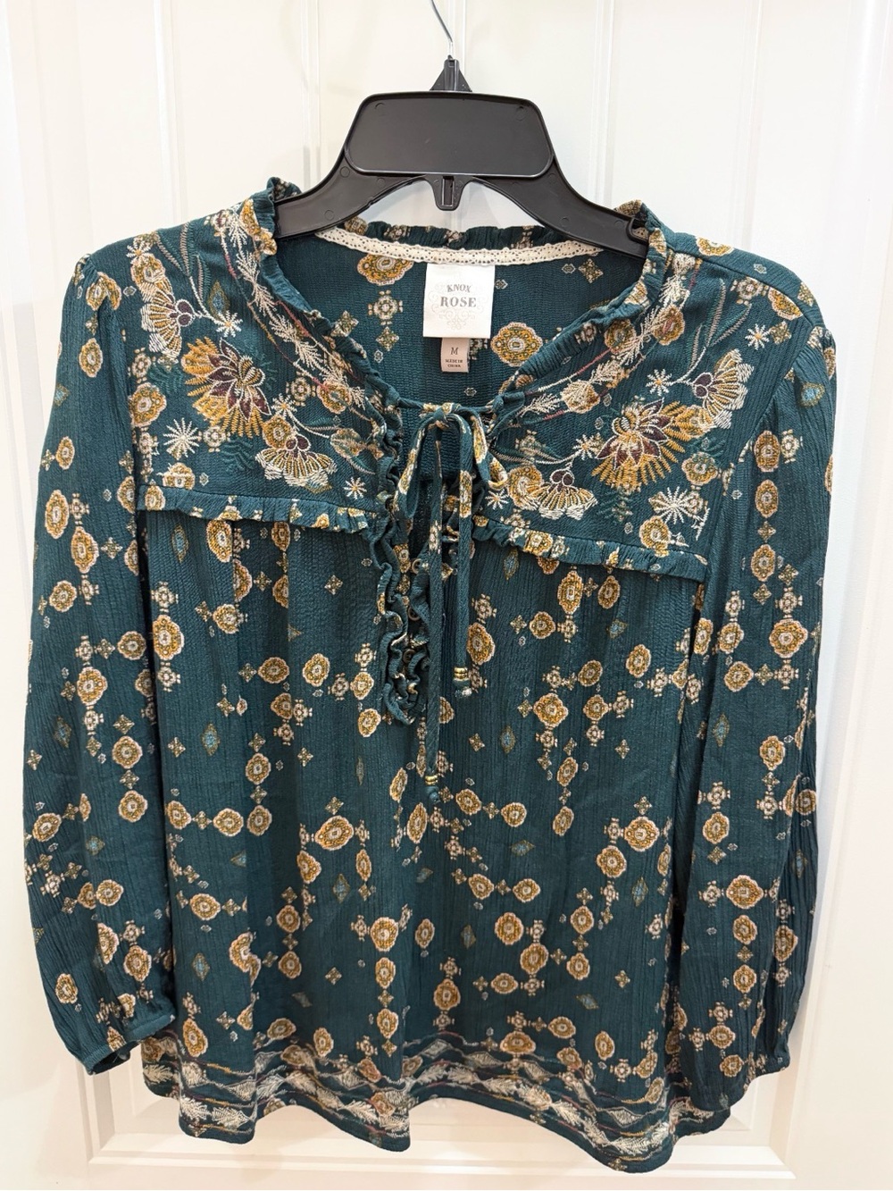 Knox Rose Teal Floral Tie-Front Boho Blouse M